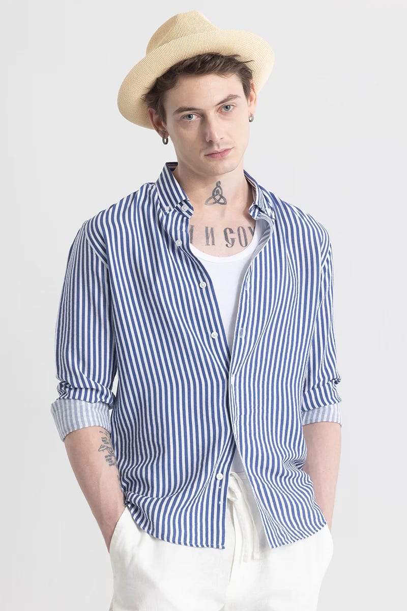 Men's Blue & White Vertical Striped Full Sleeve Shirt